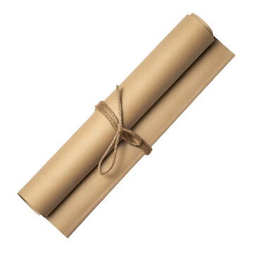 A single scroll of brown craft paper tied with a simple rustic jute twine knot, isolated on a white background, vintage document style isolated on a transparent background