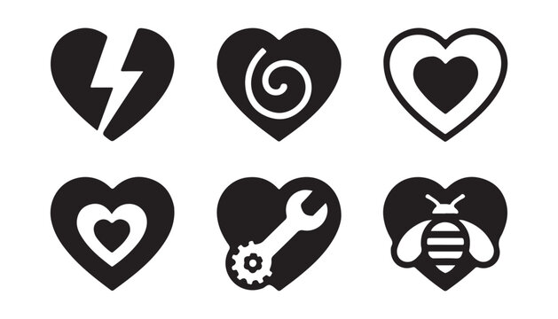 Conceptual heart icons with mechanical bee and spiral elements for industrial love and technology branding.