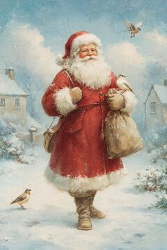 Santa Claus walking through a winter village, carrying a sack and accompanied by festive birds in a classic fine art style