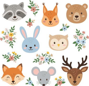 Cute woodland animals faces and floral elements vector set featuring raccoon squirrel bear rabbit owl fox mouse and deer isolated on white background
