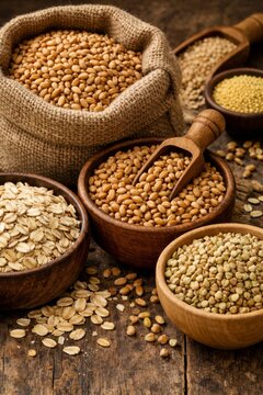 Assorted whole grains and cereals in wooden bowls with sack and scoop for healthy food background and natural ingredient design