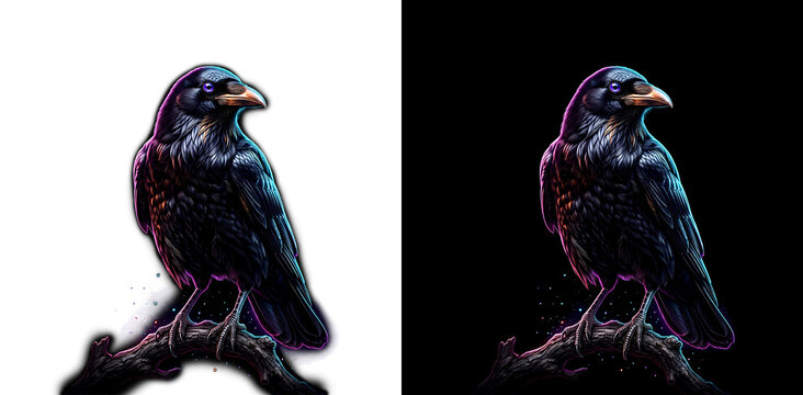 Mysterious dark raven perched on a gnarled branch with glowing purple eyes illuminated by neon light transparent background