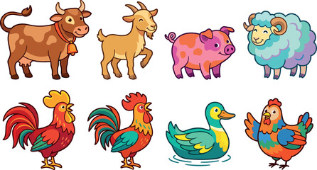 Obraz premium Cute Farm Animals and Poultry Vector Illustration Set Featuring Cartoon Cow Goat Pig Sheep Rooster Duck and Hen for Kids Educational Graphic Designs