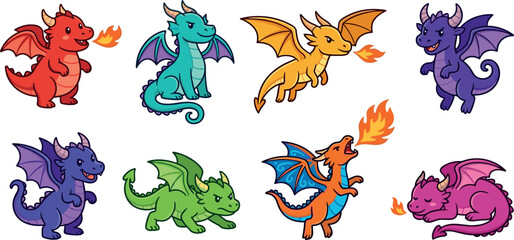 Fototapeta premium Cute Mythical Fire Breathing Dragon Characters Vector Sticker Set Featuring Kawaii Flying Sitting and Sleeping Little Dragons for Kids Creative Fantasy Designs