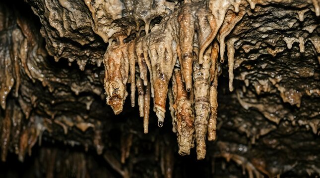 Stalactites hanging from a limestone cave ceiling with water drops