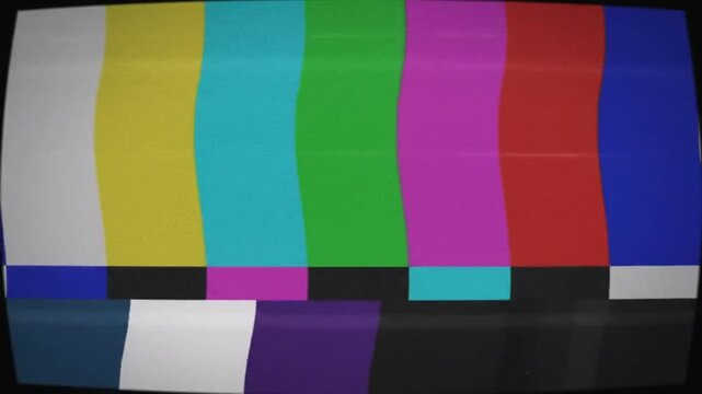 Television screen with glitchy color bars with screen distorted transmission distortion technology broadcast static signal video error noise