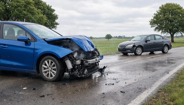 Severe car accident with severely damaged blue vehicle parked on country road after collision