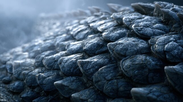 Dragon Scale Texture: A close-up macro shot reveals the intricate, rugged texture of dragon scales, showcasing their rough, armor-like surface and deep, shadowed crevices.