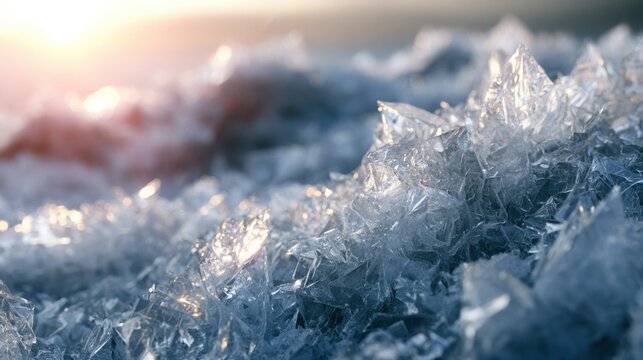 Crystalline Ice Formations in Sunlight: Close-up of delicate, sharp ice crystals forming intricate patterns on a frozen surface, illuminated by the soft glow of the morning sun.