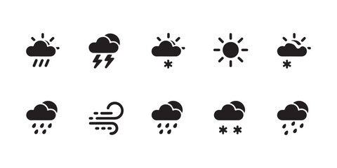 Obraz premium Weather icon set featuring clouds sun rain snow wind elements for digital interface and mobile app design.