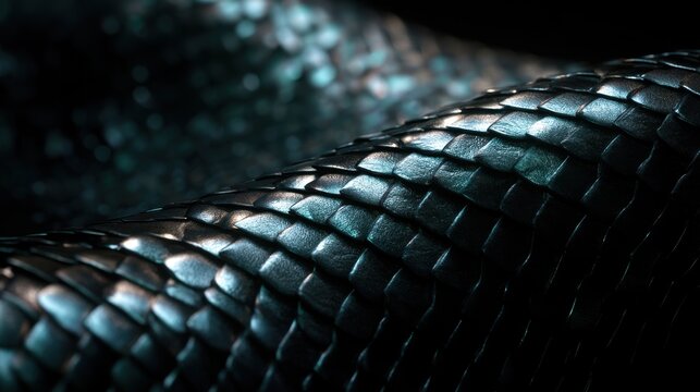Close-up of Black Snake Scales: A detailed macro shot reveals the intricate pattern and texture of black snake scales, glistening under dramatic lighting.