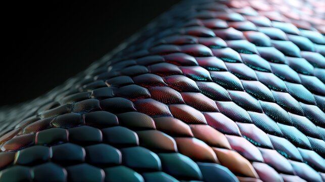 Close-up of Snake Skin Texture: A highly detailed, abstract macro shot of iridescent snake scales, showcasing a mesmerizing spectrum of blues, greens, and purples.