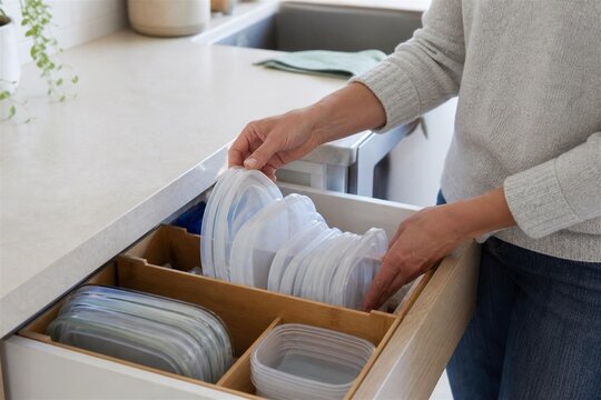 Resident organizing reusable food container lids in drawer