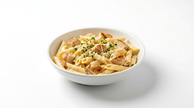 Delicious creamy penne pasta with grilled chicken pieces served in a white bowl for a tasty dinner meal. chicken alfredo penne