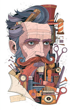 Barber shop collage featuring a bearded hipster portrait combined with grooming tools and salon elements in a colorful cartoon style composition.