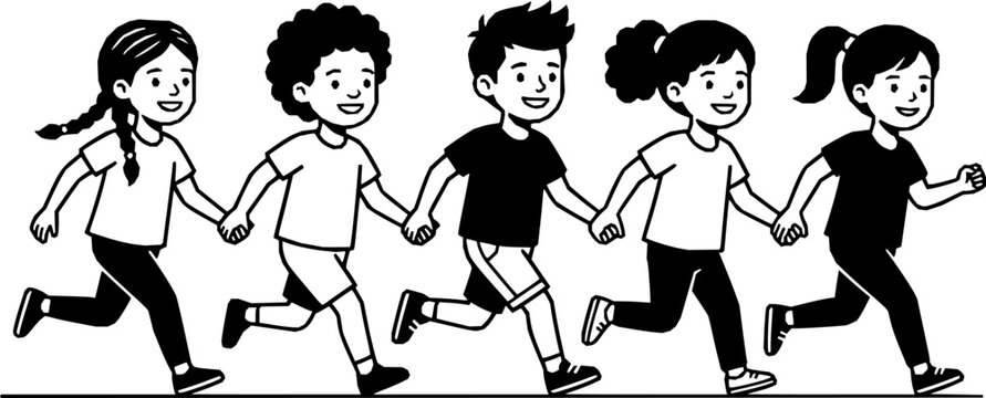 A black vector illustration of happy diverse children holding hands while running together in unison
