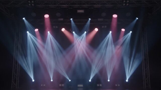 Stage lights shining in different colors with entertainment performance spotlight colorful theater concert event venue video beam