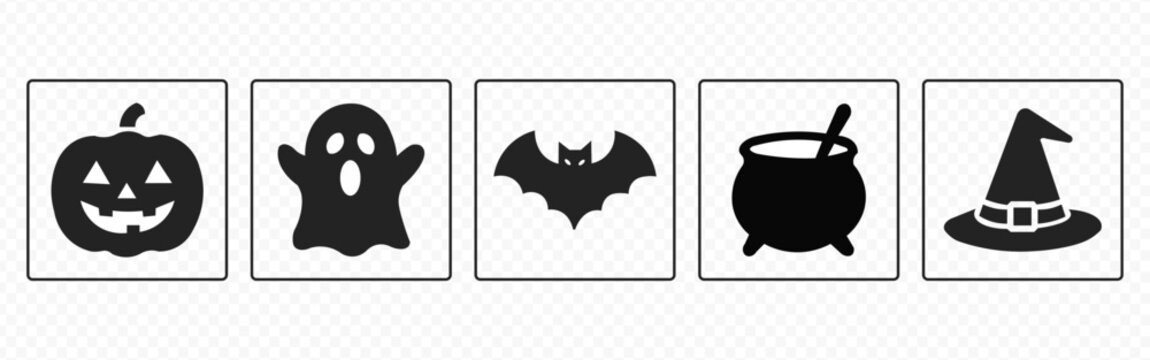 Halloween Icon Set with Jack O Lantern, Ghost, Bat, Witch Cauldron and Witch Hat