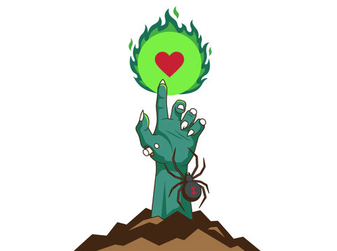 Zombie Hand Rising from Ground with Flaming Magic Heart Orb and Black Widow Spider