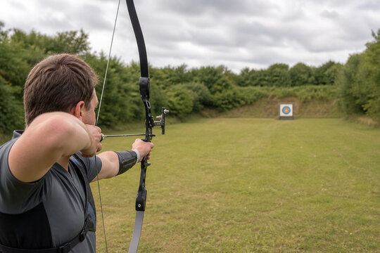 Archer drawing a bow at an outdoor range, aiming at a distant target. A focused moment of sport and concentration in a grassy field under soft natural light.