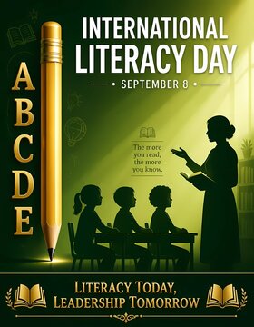 International Literacy Day greeting banner with teacher and students silhouette