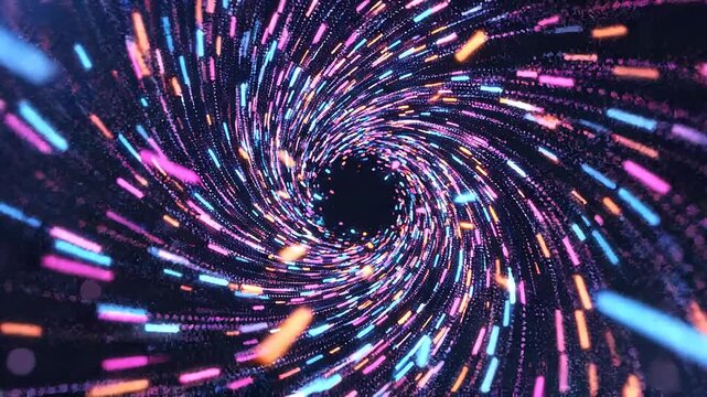 Neon vortex spins through a dark void while vibrant streaks of light create a sense of rapid motion and infinite depth in this dynamic digital animation representing high speed data transfer streams.