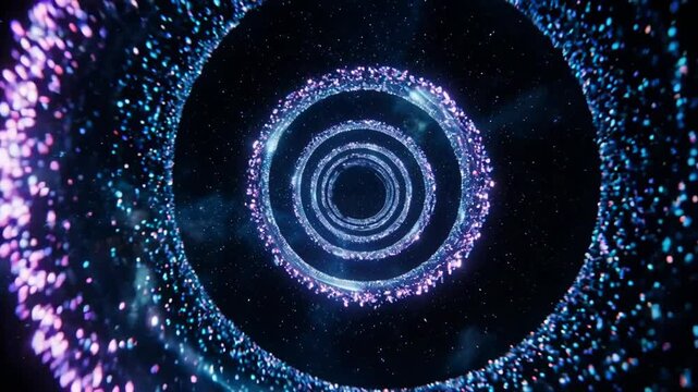 Abstract glowing tunnel with particles moving through a cosmic void during a digital journey