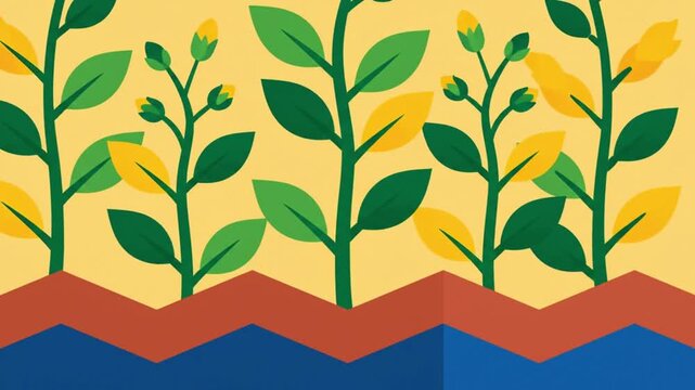 Animated vector plants growing rapidly in digital motion footage featuring bright yellow flowers and green leaves on stylized ground
