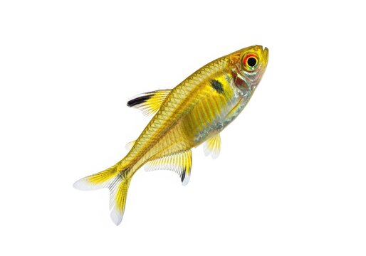 Bright yellow tetra fish swims gracefully underwater aquatic pet life isolated on white background