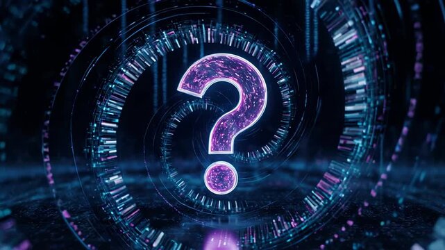Abstract Question Mark in Digital Tunnel with Neon Lights and Geometric Patterns