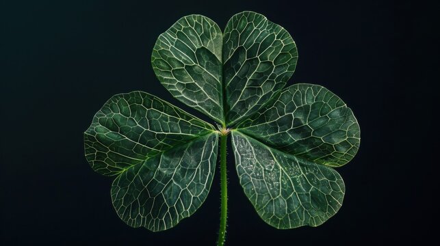A single four leaf clover isolated against a black background