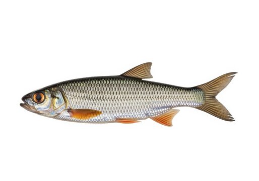 Ide, or orfe fish isolated on white background, swimming in clear water
