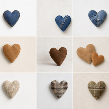 Textured fabric hearts in blue jean suede and tweed arranged in a neat grid on a soft neutral background creating a charming handmade design resource with cozy textile detail and warmth