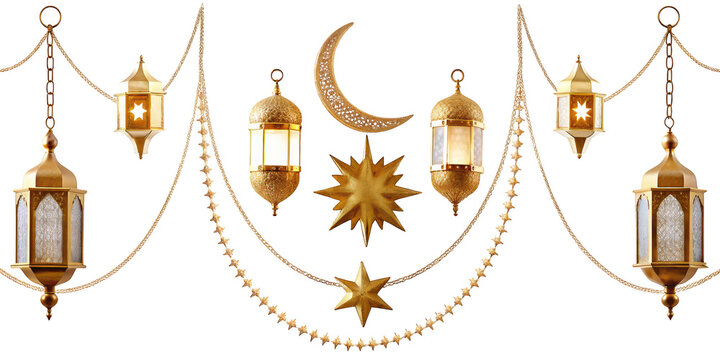 Golden ramadan lanterns with crescent moon and star decorations hanging on chains, isolated on a white background, islamic holiday ornaments isolated on a transparent background