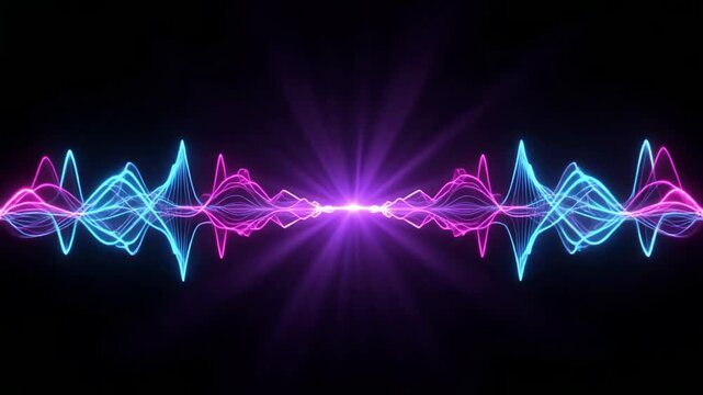 Audio waves visualize sonic frequencies through vibrant neon blue and magenta light beams that pulse in rhythmic harmony against a deep black background to illustrate high-fidelity sound dynamics.