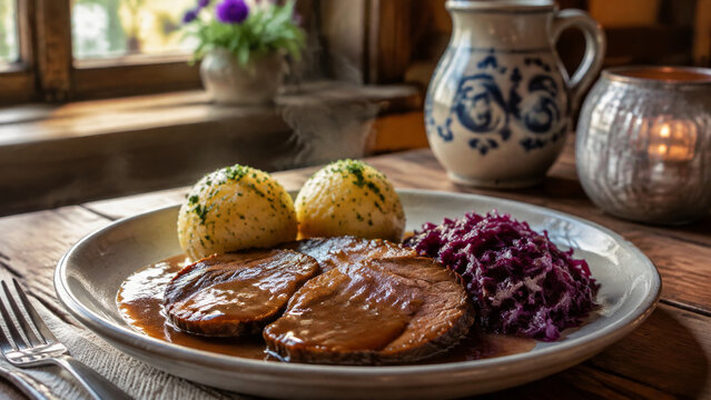 S&auml;chsischer Sauerbraten mit Rotkohl und Kartoffelkl&ouml;&szlig;en