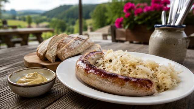 Th&uuml;ringer Bratwurst mit Sauerkraut und Senf