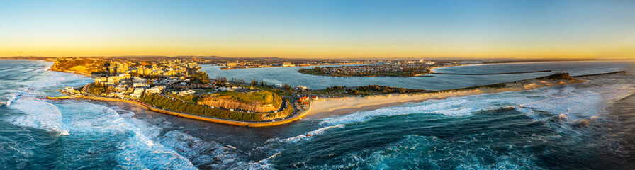 Aerial Newcastle Rise nobbys to CBD Pan