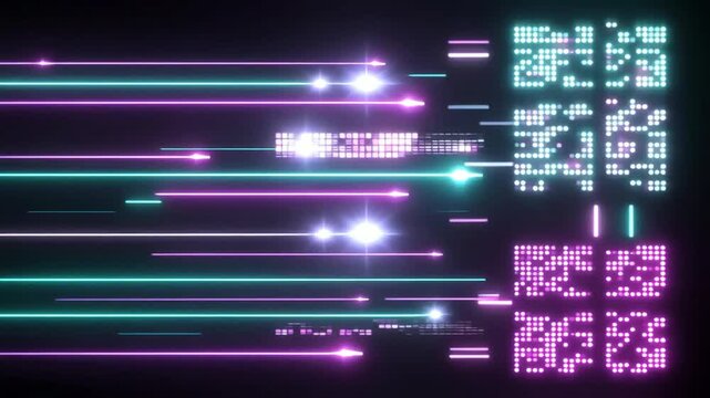 Data stream visualization displays glowing neon lines and digital code blocks moving rapidly across a dark background to represent complex information processing in modern cyber security networks.