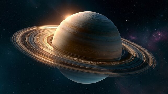 Detailed view of a ringed celestial world surrounded by luminous orbital bands in a vast cosmic environment
