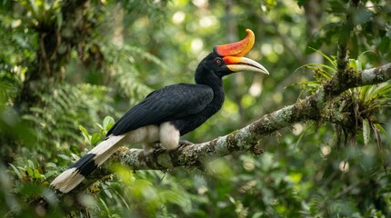 Fototapeta premium Vibrant tropical bird perched on mossy branch in lush green forest
