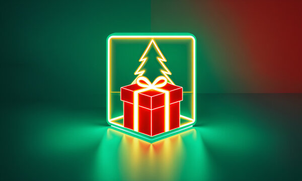 bright red gift box and a luminous neon pine tree symbol inside a glowing frame with green lighting and a floor reflection