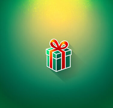 minimal green gift box with a shiny red ribbon and bow with a dark shadow under a warm yellow glow and small particles