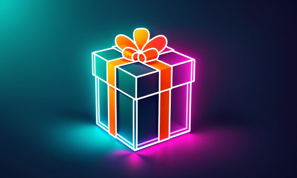 dark minimalist gift box with a bright orange ribbon and glowing outlines in vibrant cyan and pink light in an empty space