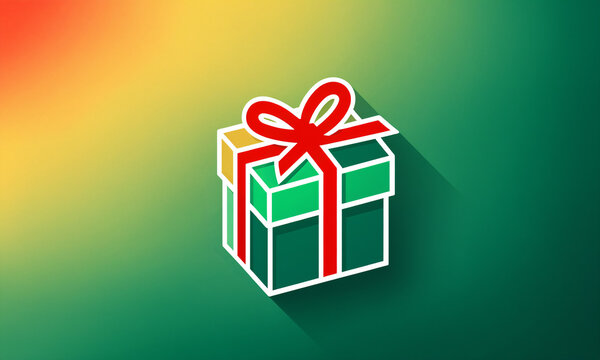 simple green gift box with a bright red ribbon and a classic bow on a smooth yellow color gradient with a soft downward shadow