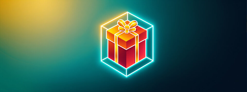 bright red gift box with a yellow ribbon completely inside a cyan wireframe glowing cube against a dark green gradient