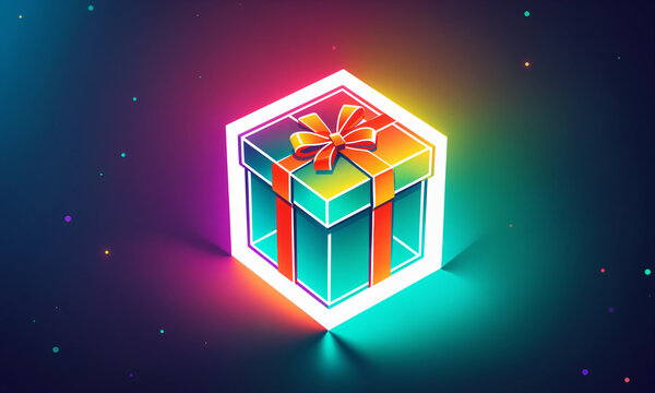 translucent glowing gift box with an orange ribbon inside a bright white frame among tiny colorful particles in dark space