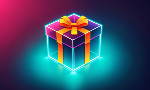 glowing translucent glass gift box with cyan outlines and a yellow ribbon with a reflection on a dark surface under ambient light