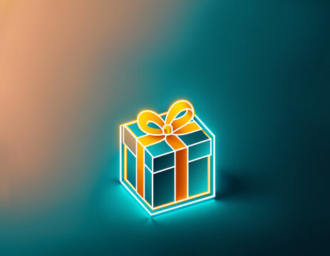 glowing neon gift box with yellow bow on dark teal