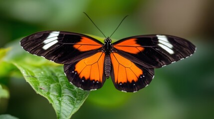 Fototapeta premium Orange butterfly on leaf, tropical garden, close-up